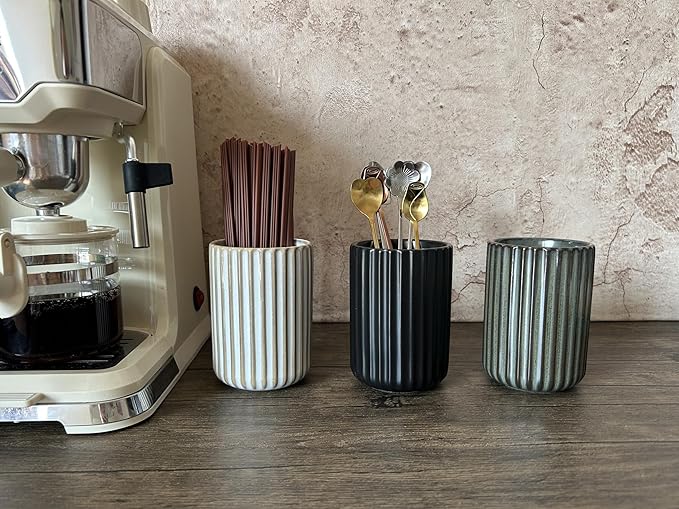 Stoneware Coffee Bar Utensil Holder Tea & Coffee Spoon & Stirrer Holder for Stir Stick Straw Teaspoon Holder Spoon Cup Small Utensil Jar Fluted Vertical Stripe (Matte Black)