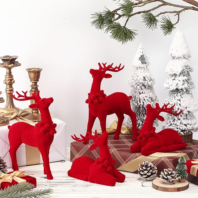 Wesiti 4 Pcs Christmas Reindeer Decor Small Artificial Red Flocked Ceramic Standing Sitting Reindeer Figurine Mini Deer Christmas Tabletop Decoration for Xmas Holiday Indoor Rustic Statue Table Decor