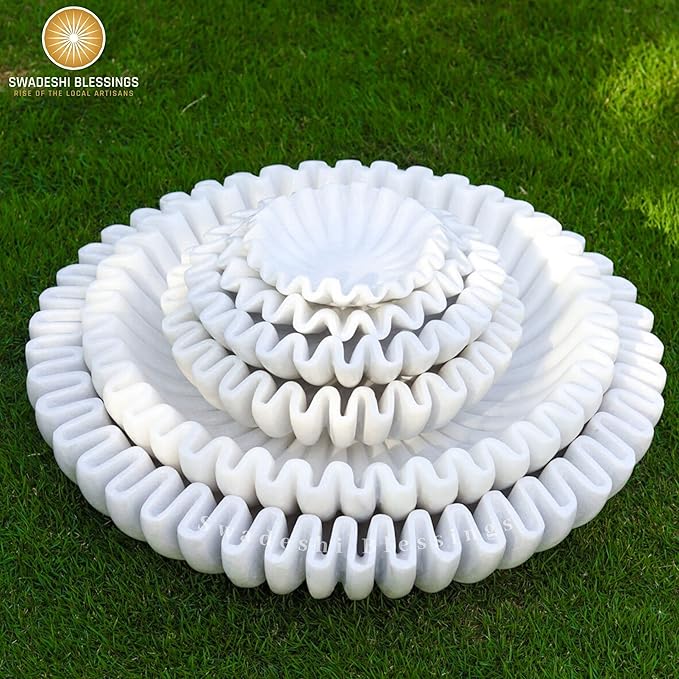 SWADESHI BLESSINGS HandCrafted Marble Ruffle Bowl/Antique Scallop Bowl/Fruit Bowl/Vintage Ring Dish/Decorative Flower Dish/HouseWarming Gift/Wedding Gifts/Urli (8 Inches)
