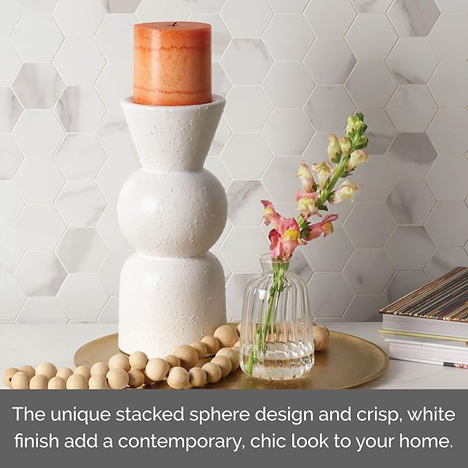 Elements Geo Shaped Ceramic Candle Holder, 9 Inch, White