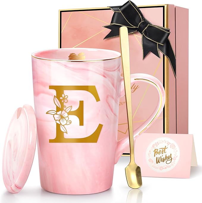 Birthday Gifts for Women, Personalized Ceramic Women Coffee Mug with Lid,14 Oz Pink Initial Mug Customized Gift, Christmas New Moms Mother's Day Gifts for Her Mom Grandma Friend Sister Wife Unique,E