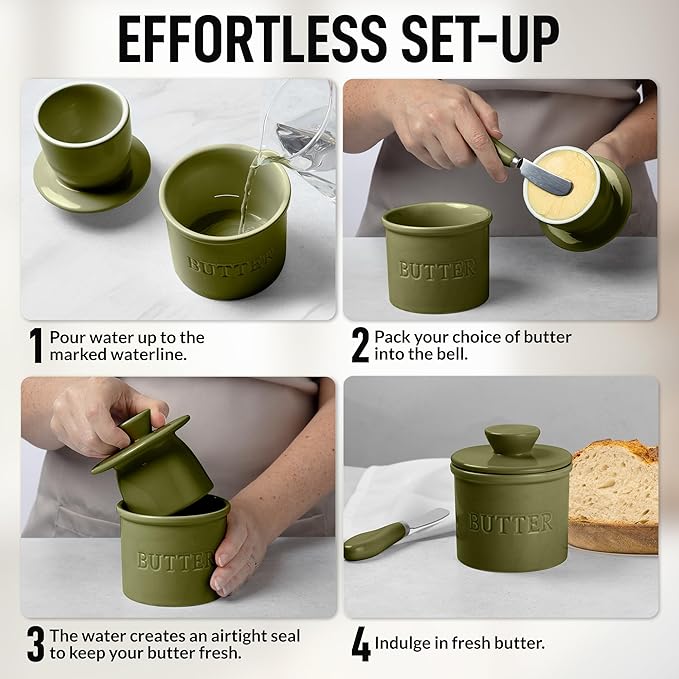Zulay Kitchen Bell Shaped Butter Crock with Lid for Countertop with Water Line & Spreader Knife, Ceramic French Butter Dish Keeper For Fresh, Soft & Spreadable Butter - Cypress Green
