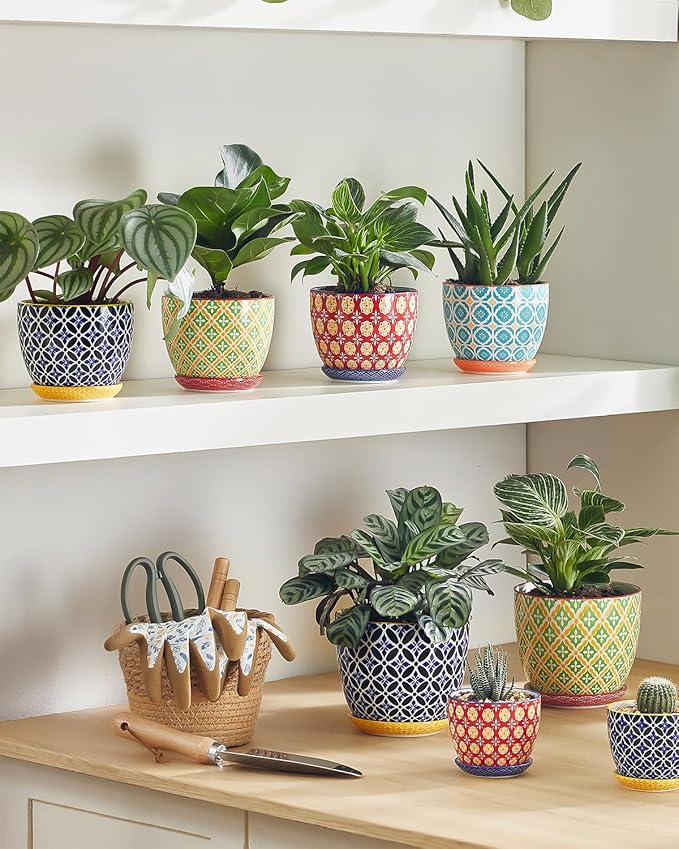 Ceramic Plant Pots, 4.9 Inch Flower Pots with Drainage Hole & Saucer, Colorful Planter Pots for Houseplants, Succulent, Catus, Home Decor, Set of 4, Vibrant Colors