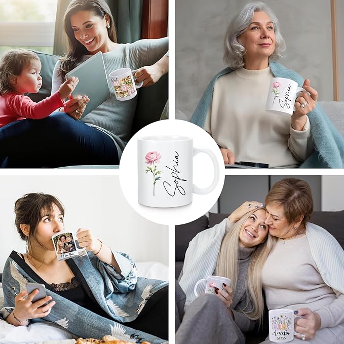 Custom Coffee Mug with Birth Flower & Text, 11oz Ceramic Personalized Mugs for Women, Customized Birthday Gifts for Mom Sister Coworker Best Friend (Flower & Name)