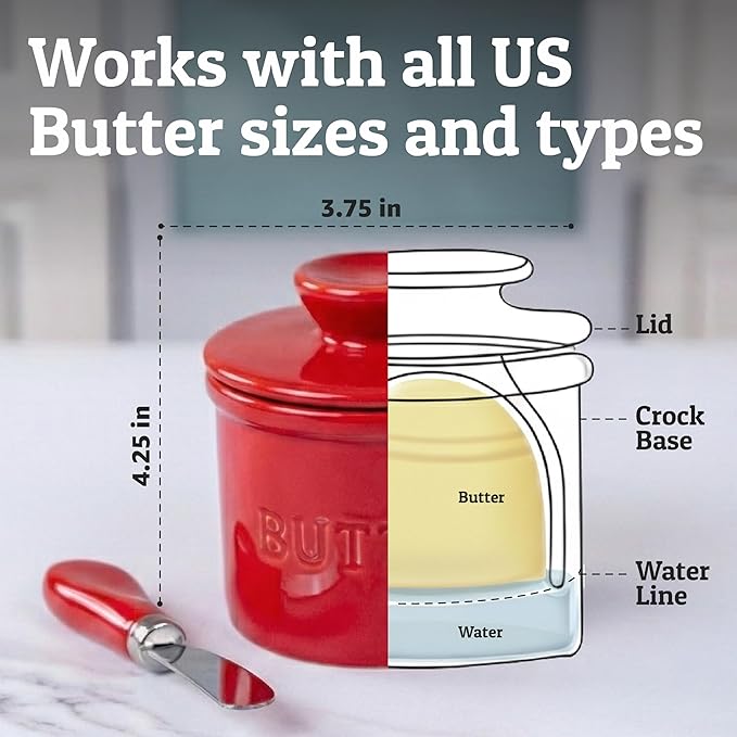PriorityChef Butter Crock with Lid with Water Line, Ceramic French Butter Dish to Leave On Counter, Red