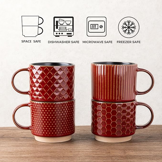 GBhome 15OZ Stackable Coffee Mugs Set of 4, Ceramic Coffee Cups with Texture Patterns for Man,Woman. Elegant Mugs Set for Latte/Cappuccino/Cocoa. Dishwasher&Microwave Safe, Red