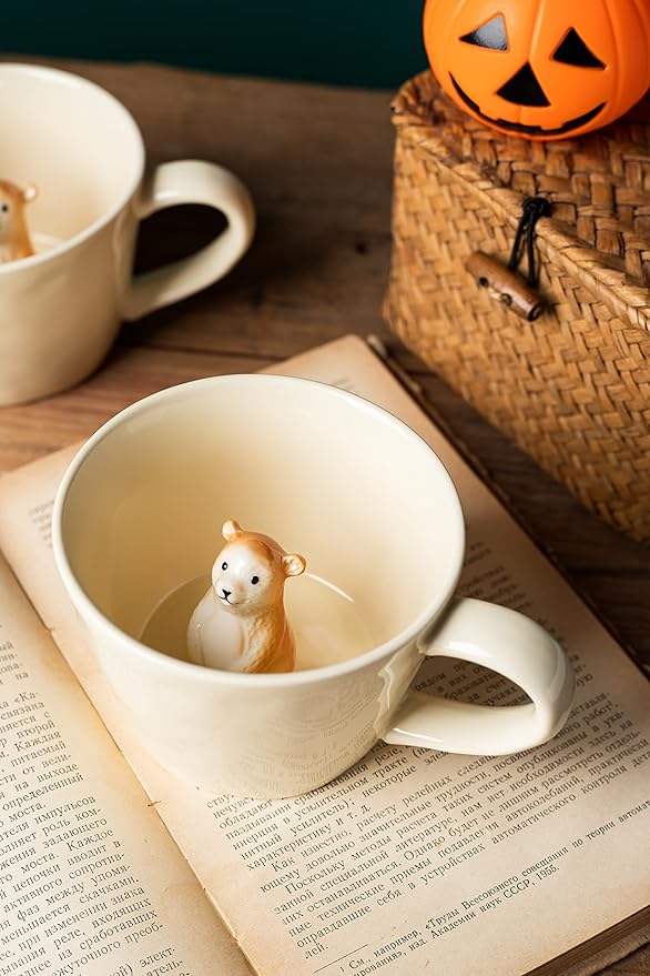 DIHOclub Bear Ceramic Cup Hidden 3D Animal Inside Mug,Cute Cartoon Handmade Figurine Mugs,Holiday and Birthday Gift for Coffee Milk Tea Lovers,12 OZ(Cream Color) | Bear, Cute Cartoon, Handmade, Figurine Mugs