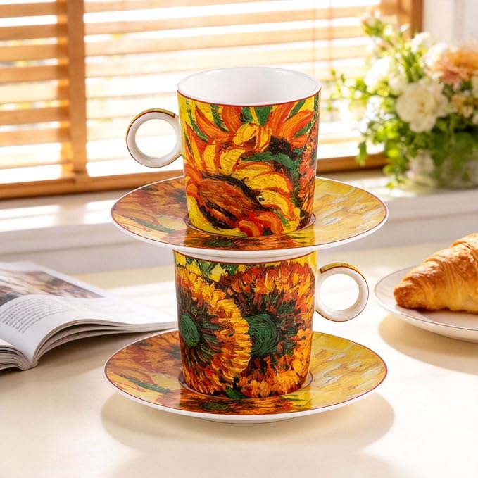 KAMMAK Tea Cups and Saucers Set of 2, Fine Bone China Coffee Cups, Stackable Espresso Mugs, Ceramic Demitasse for Coffee, Cappuccino, Latte, Americano, Tea, Small - Sunflower Oil Painting