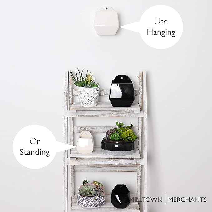 Milltown Merchants Succulent Wall Planters - Wall Vases - White Ceramic Wall Mounted Planters - Succulent Plant Pots - Hanging Vases for Living Wall (2 Pack/Contemporary/White)