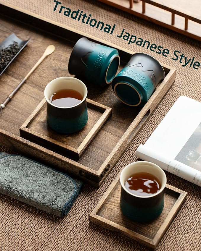 ZENS Japanese Tea Cups Set of 4 - Embossed 8 oz Ceramic Asian Cups for Loose or Matcha Tea - No Handles, Traditional Occupied Japan Style - Dark Green