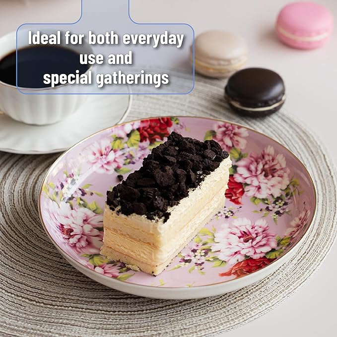 BTaT- Ceramic Floral Dessert Plates, Set of 6, 8 Inch, Assorted Colors with Golden Rim, Deep Porcelain Floral Plates with Gift Box, Dishwasher Safe