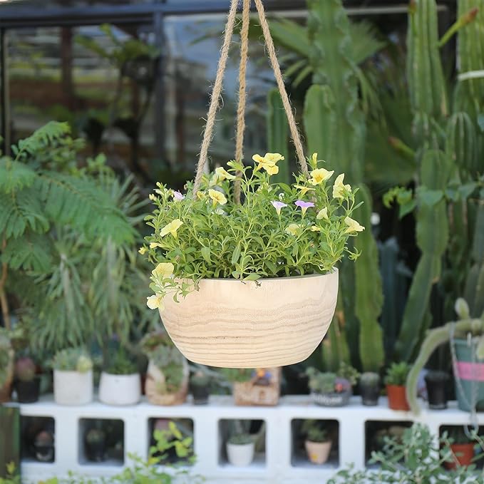 CYS EXCEL Large Wooden Hanging Planter Paulownia Wood Bowl Basket with Jute Rope for Indoor Plants Succulents