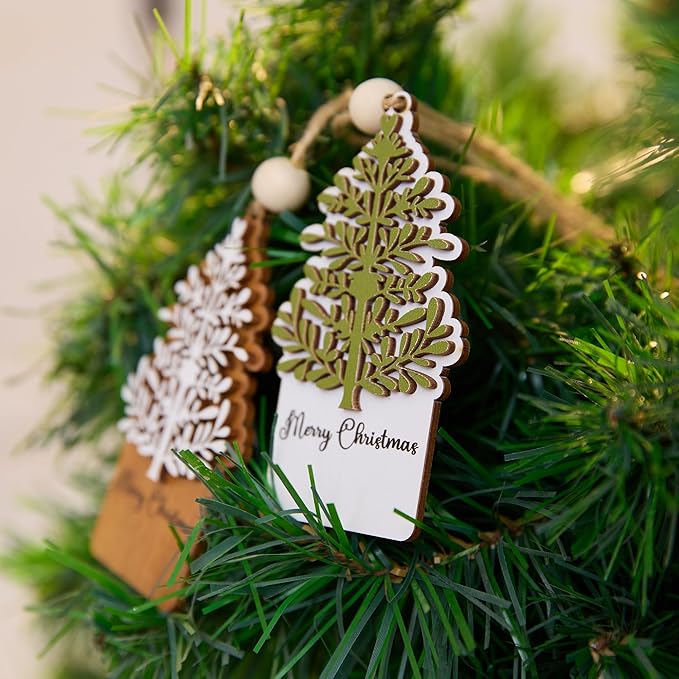NGHYANA Merry Christmas 3D Wooden Tree Ornaments Set for Holiday Decor 4 Inch Rustic Hanging Decorations