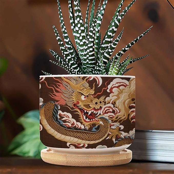 Antique Chinoiserie Dragon Ceramics Plant Pot Set of 2 Dragon Gold Oriental Style Asian Succulents Plants Live with Pot with Drainage Asian Scenery Chinoiserie Small Ceramics Plant Pot