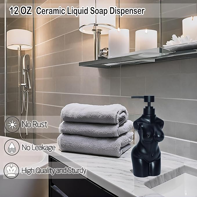 Ceramic Girl Soap Dispenser,Lotion and soap Dispenser Set Refillable Liquid Hand Soap Dispenser for Bathroom and Kitchen (Black)