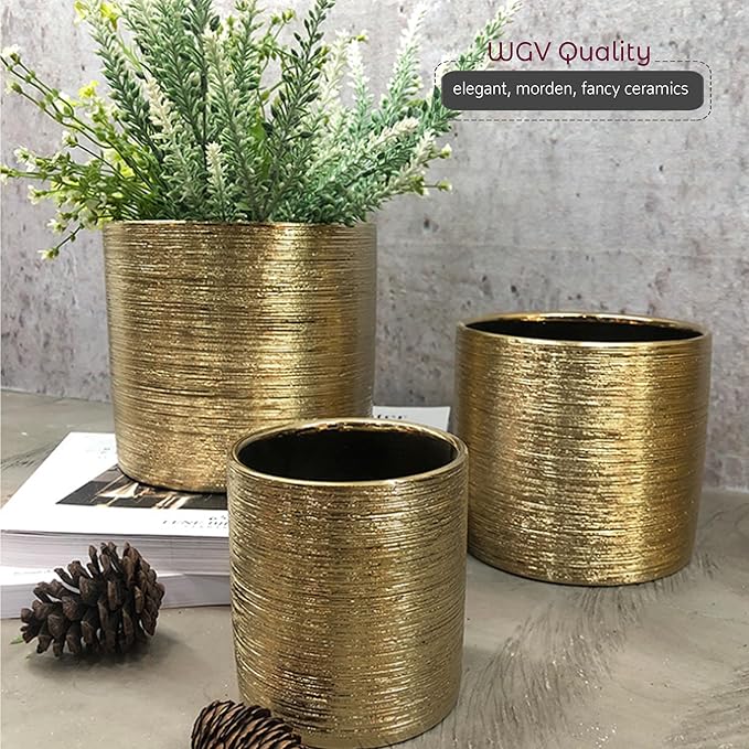 WGVI Gold Etched Ceramic Cylinder Vase Width 6.5" Height 6", Flower Arrangements, Candle Holder, Terrarium Planter Pot, Storage Container Organizer, Pen Brush Holder, Scratched Texture Design, 6 Pc