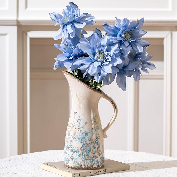 Vintage Ceramic Pitcher Vase with Handle, Farmhouse Blue and Brown Large Floral Vases, French Country Decorative Vase, Rustic Table Centerpiece for Home Decor Living Room, Bookshelf, Office 10.5 Inch