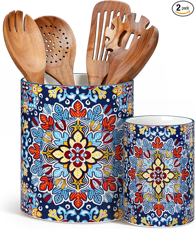 vancasso SIMI Utensil Holder, 7.3"+5.5" Porcelain Kitchen Utensil Holder for Countertop, Bohemian Kitchen Utensil Organizer for Spatulas, Spoons, Decorative Counter Utensil Crock, Twilight Bloom