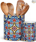 vancasso SIMI Utensil Holder, 7.3"+5.5" Porcelain Kitchen Utensil Holder for Countertop, Bohemian Kitchen Utensil Organizer for Spatulas, Spoons, Decorative Counter Utensil Crock, Twilight Bloom