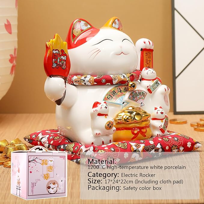 Chinese Ceramic Lucky Cat - Japanese Cat Waving Arm, Lucky Statue Cat Fortune Cat with Moving Arm, Good Luck Statue for Home, Office, and Store Decor