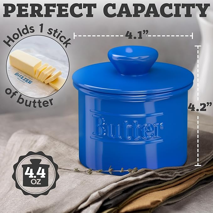 Premium Butter Crock with Lid - Original Design French Butter Dish - Beautiful Ceramic Butter Keeper for Counter with Water Line - Perfect to Keep Butter Soft and Spreadable - Dark Blue