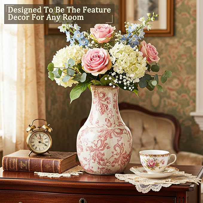 LemonRoad Vintage Ceramic Flower Vase 5.7 Inch Chinoiserie Ice Cracked Glaze Porcelain Vase Rustic Ceramic Large Centerpieces for Home Table Living Room Bookshelf Office(Paisley Style)
