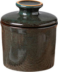 Pottery Butter Crock with Lid, Ceramic Butter Dish with Water Line, Countertop Butter Keeper, Butter Holder for Countertop, Greenish Brown