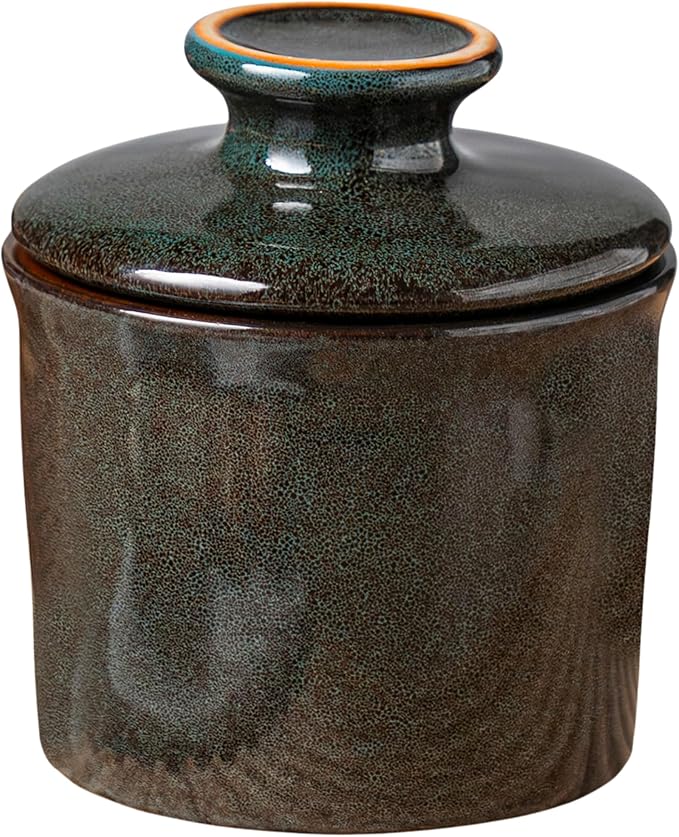 Pottery Butter Crock with Lid, Ceramic Butter Dish with Water Line, Countertop Butter Keeper, Butter Holder for Countertop, Greenish Brown