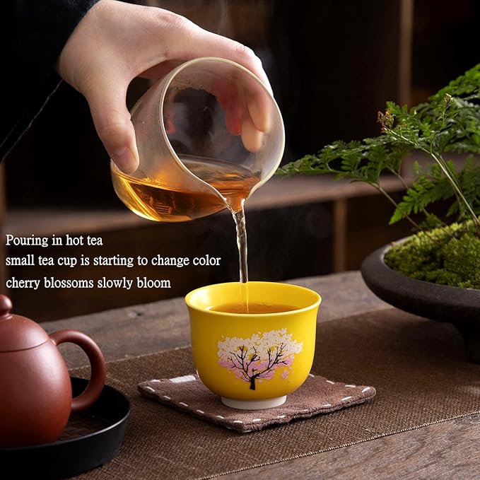 Heat Changing Sensitive Cherry Blossoms Tea Cup, Japanese Style Color Changing Coffee Mug, Unique Magic Coffee Tea Cup for Gift Valentines 4.4 oz/130ml (Yellow)
