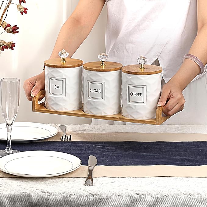 JUXYES Set of 3 Ceramic Canisters Set for Sugar Coffee Tea With Handle Tray, Luxurious Storage Containers Sets with Lids Decorative Storage Pots White Ceramic Storage Jar for Kitchen Dining Counter