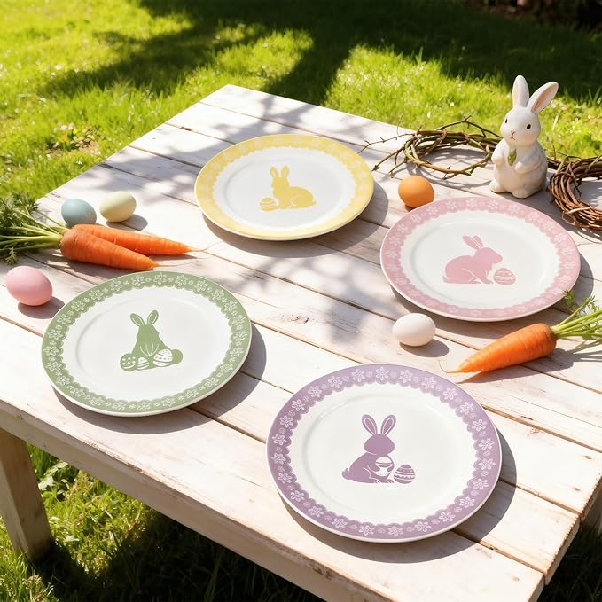 Rtteri 4 Pack 9 In Easter Bunny Ceramic Plate Pastel Spring Ceramic Dessert Plate Rabbit Easter Salad Dishes Dinnerware for Home Brunch Spring Party Kitchen Wedding Decor