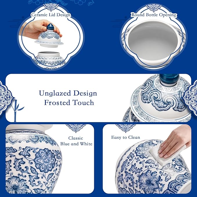10 Inches Blue and White Ginger Jars with Lid, Small Chinoiserie Porcelain for Home Room Office Decoration, Jingdezhen Art Decor Vase (Unglazed)