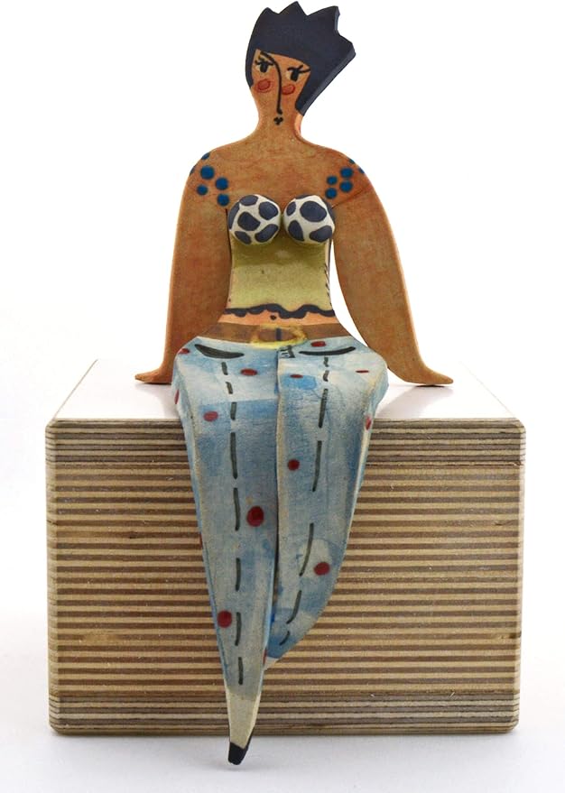 Medium Sitting Woman Decorative Ceramic Sculpture Handmade and Handpainted with Multicolored Foc-Art Decoration. 3,54" x 3,54" x 7,87"
