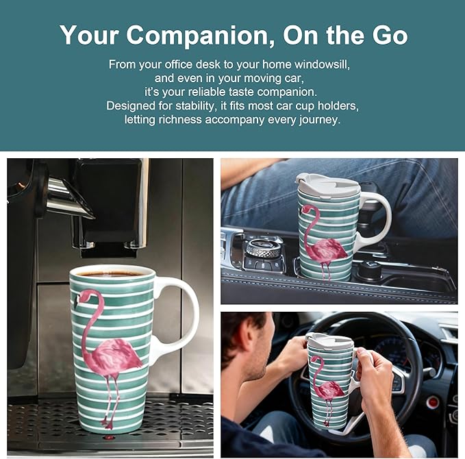 Topadorn Ceramic Travel Coffee Cup with Lid Ceramic Mug with Gift Box, Unique Coffee Mug for Latte & Hot Chocolate, Holiday Office Gift Her Him, Flamingo