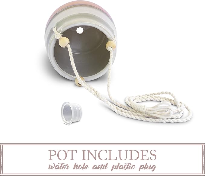 23 Bees Ceramic Hanging Planter, Pink White Succulent Pots, Round Plant Holder Container, Cactus Pot with Cotton Rope Hanger, Indoor Outdoor Decor, (1 Pack x Pink Horizon)