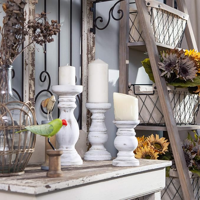 NIKKY HOME Rustic Pillar Candle Holder Set of 3 - Farmhouse Wood Candlestick Stand for Mantle, Fireplace, Dining Table Centerpieces, Distressed White