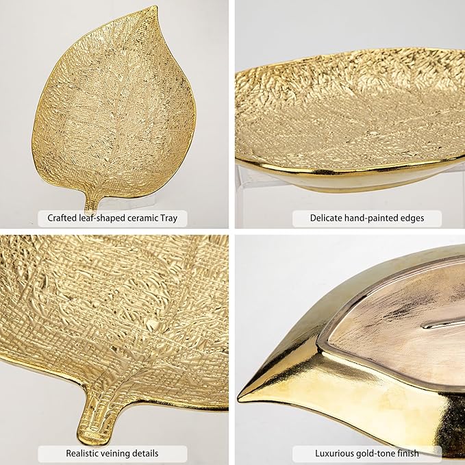 Oversized Leaf-Shaped Ceramic Jewelry Tray, 12.6" Large Decorative Tray Gold Vanity Trays for Rings, Necklaces, Keys, Gifts for Mom, Coffee Table Decor, Entryway Table Trays, 1 Pack