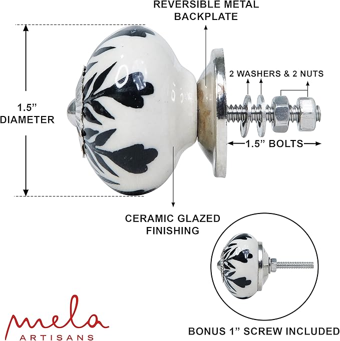 Mela Artisans 12-Pack Ceramic Kitchen Cabinet Knobs - Black & White Daffodil | Decorative Pull Handles for Dresser Drawers | Reversible Metal Backplate | 1.77” Diameter