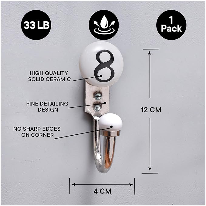 IndianShelf Ceramic, Zinc Decorative Cute Hooks for Hanging Coats, Jackets, Leash, Hat, Towel, Backpack, Purse, Handbag (White)