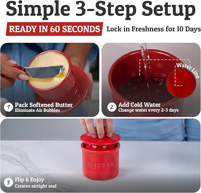 PriorityChef Butter Crock with Lid with Water Line, Ceramic French Butter Dish to Leave On Counter, Red