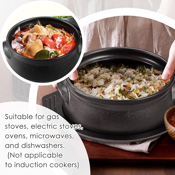 1 Pcs Korean Stone Pot Clay Cooking Pot Set Ceramic Sizzling Hot Bowl Korean Bibimbap Soup Dolsot Bowl with Lids for Ttukbaegi and Koreans Stew (84 oz)