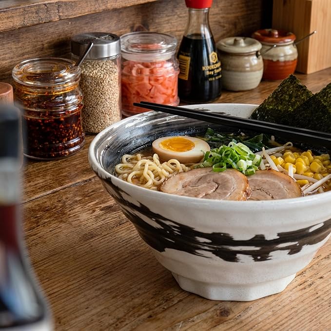 Artisan One-Stroke Noodle Bowl - Handmade Japanese Ceramic Ramen & Udon Bowl, White