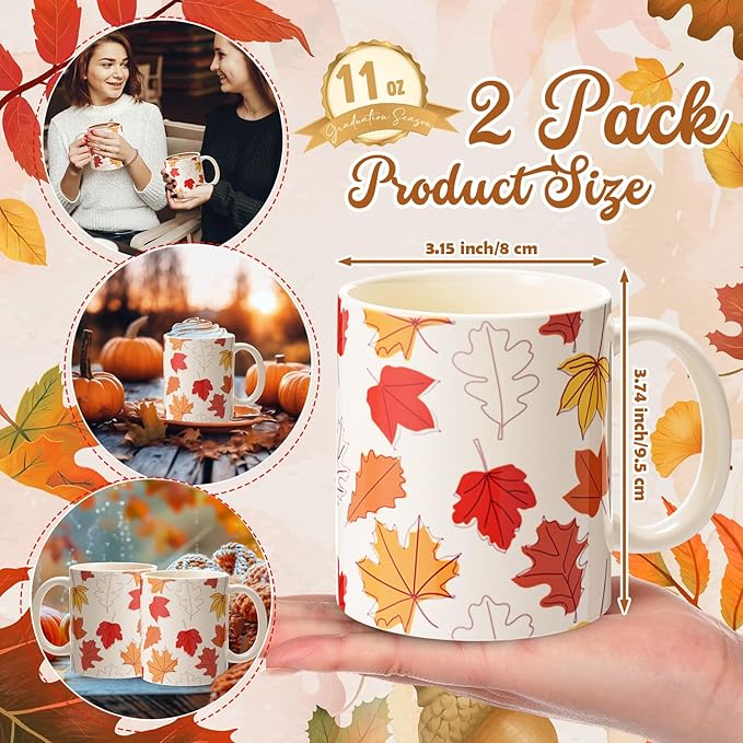 Sliner 11 oz Fall Ceramic Coffee Mugs Set of 2 Maple Leaf Thanksgiving Cup Gifts Festive Tea Cup Autumn Holiday Birthday Gifts for Men Women