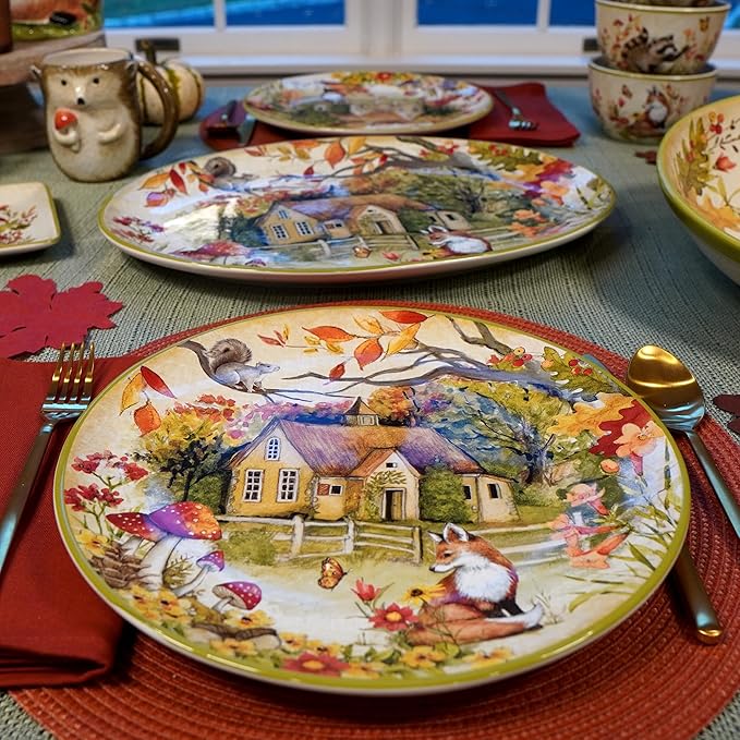 Woodland Critters 11" Ceramic Dinner Plates, Set of 4 – Whimsical Forest Animal and Cottage Scene – Nature-Inspired Tableware for Fall, Kids Parties, Holiday Meals, Gifting, and Rustic Décor