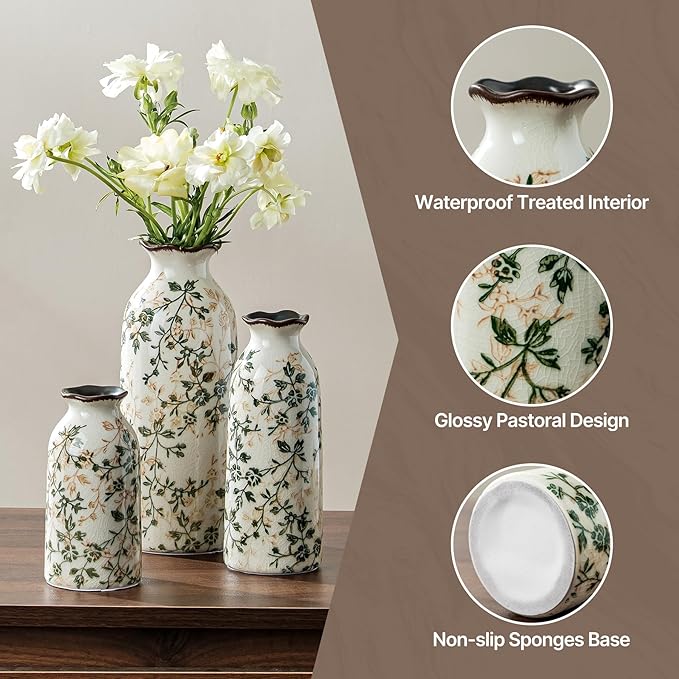 Ceramic Vase Set of 3, Vintage Green and Beige Vases Set, Flower Rustic Chinoiserie Vases Floral Grand Millennial Farmhouse Decor Vase for Home Decor, Living Room, Kitchen, Bedroom, Bookshelf