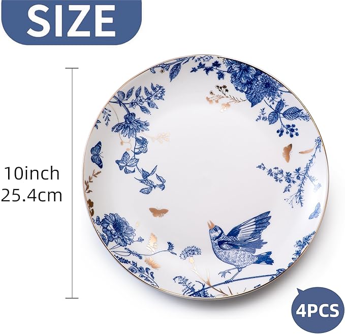 Porcelain Floral Plates 10 Inch Ceramic Salad Plates Kitchen Plates Set of 4 Blue and White Dinner Plates, Pasta Plate for Appetizer, Dessert,Party,Housewarming,Gift