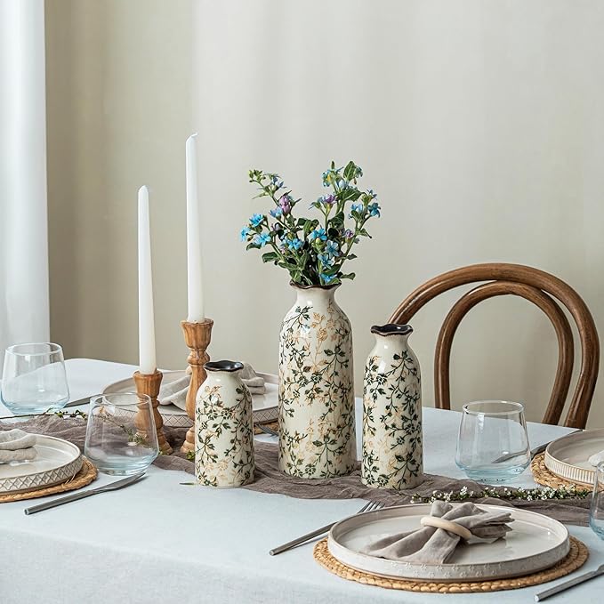 Ceramic Vase Set of 3, Vintage Green and Beige Vases Set, Flower Rustic Chinoiserie Vases Floral Grand Millennial Farmhouse Decor Vase for Home Decor, Living Room, Kitchen, Bedroom, Bookshelf