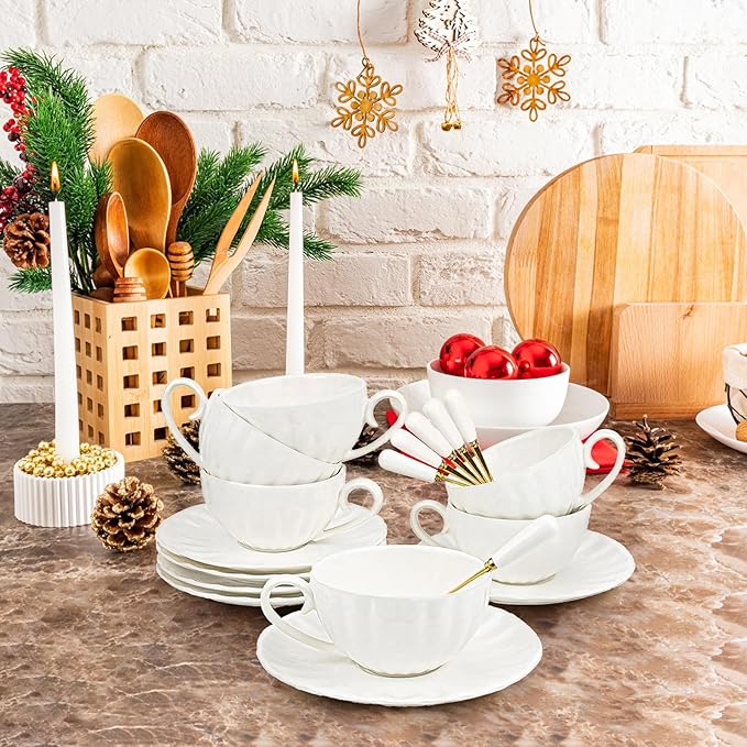 Yesland Set of 6 Royal Tea Cups and Saucers, 6 oz White Porcelain Tea Set & British Coffee Cups, White Latte Cups and Espresso Mug for Specialty Coffee Drinks, Latte, Cafe Mocha, Tea