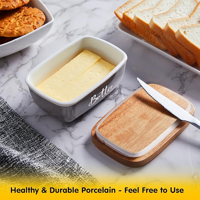 Gray Butter Dish, ALELION Large Ceramic Butter Dish with Lid for Countertop, Butter Container with Acacia Wooden Lid, Modern Country Kitchen Decor and Accessories for Counter, for Kitchen Gifts