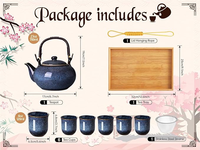 Traditional Japanese tea set, Kiln altered glaze Porcelain tea set with 1 teapot (23.5oz/700ml), 6 teacups (4oz/120ml), 1 Tea Tray,Japanese teapot set, Asian tea sets (Kiln altered Blue)